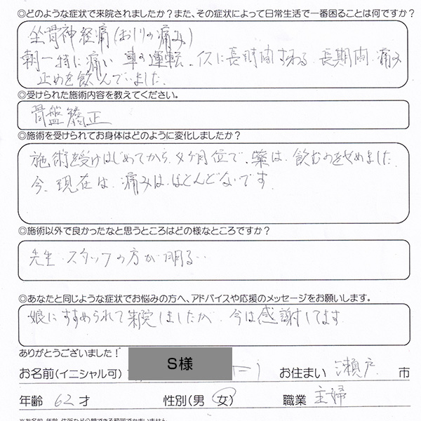 voice002sekityukan20240326 今現在は痛みはほとんどないです 瀬戸市 S様 60代